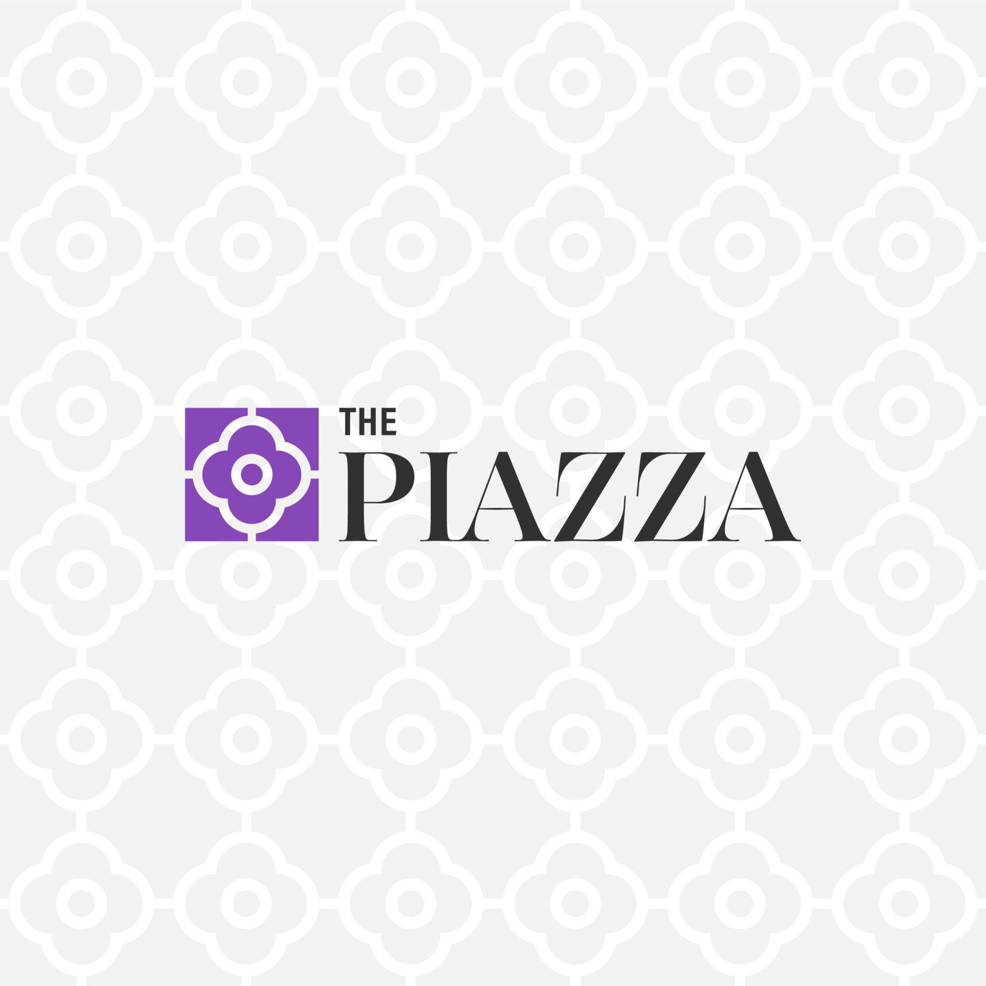 "The Piazza" Logo over Brand Pattern